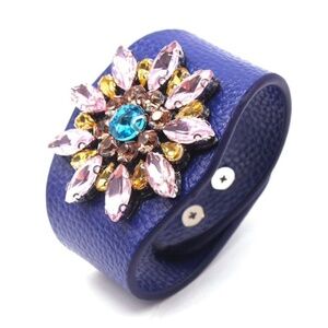 European Wide Crystal Flower Leather Bracelet